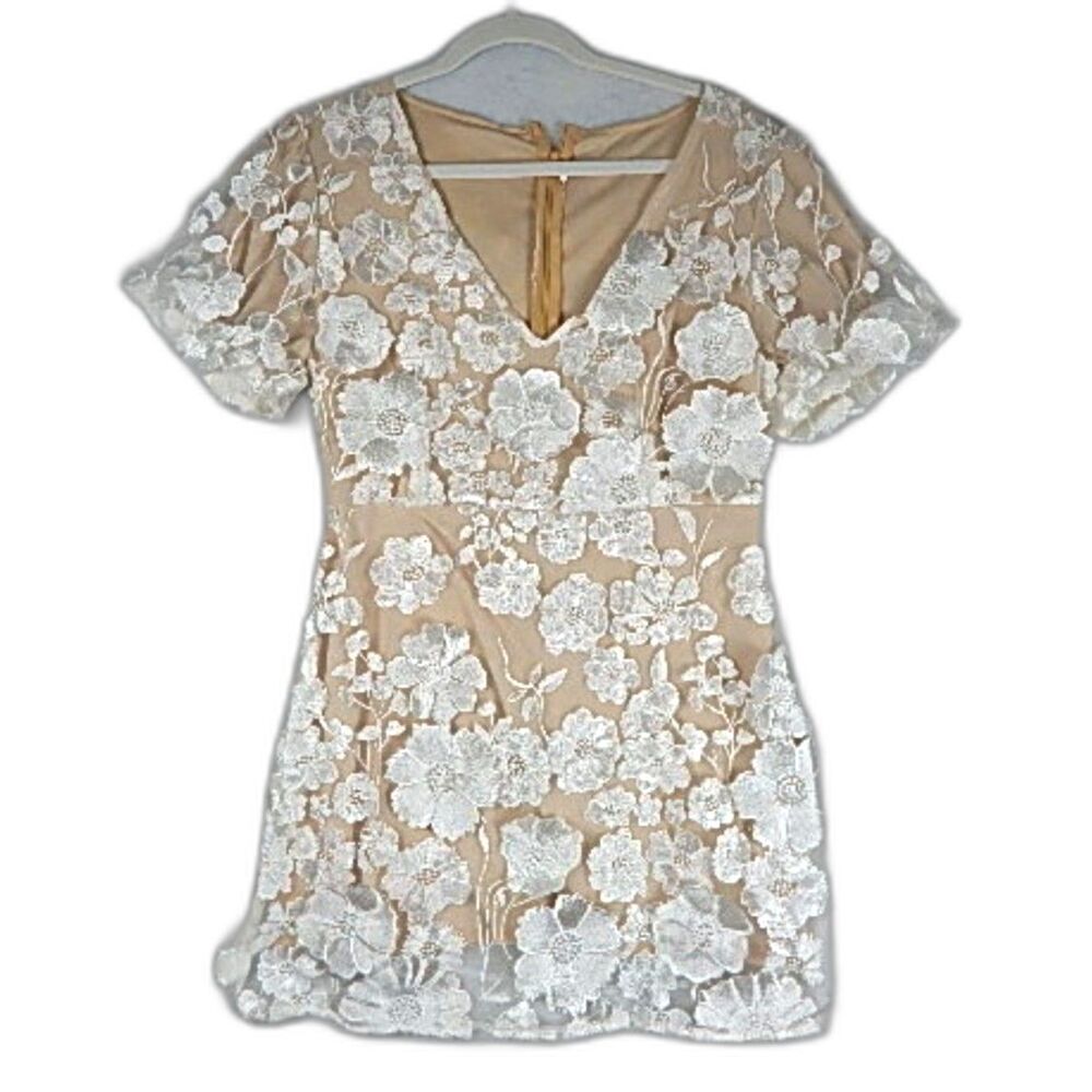 Ivory Floral Mini Dress Small L Cottagecore Boho Ruffle Sleeve Fairy Whimsical